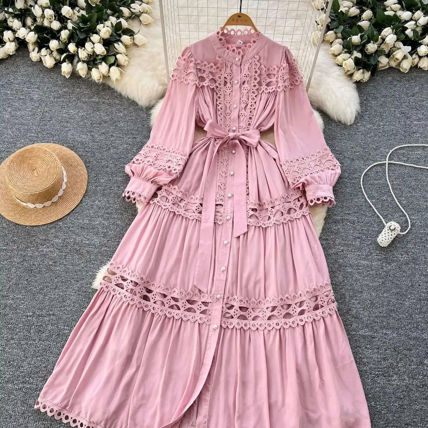 Elegant Long Maxi Hollow Out Dress Shirt Women Summer Autumn Palace Retro Pearl Button Embroidery Crochet Evening Party Vestidos