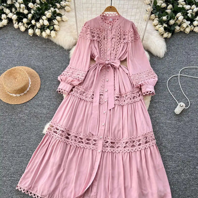 Elegant Long Maxi Hollow Out Dress Shirt Women Summer Autumn Palace Retro Pearl Button Embroidery Crochet Evening Party Vestidos