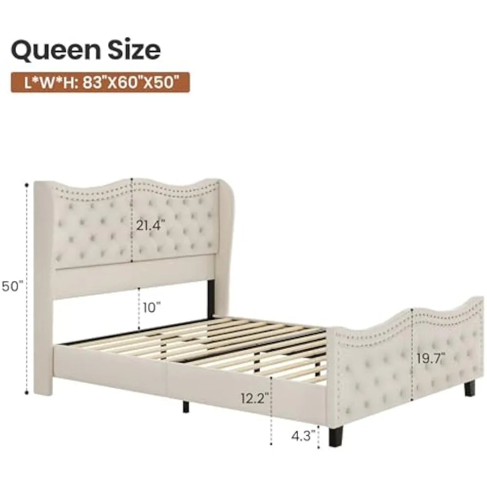 Cream Queen Size Upholstered Platform Bed Frame with 50'' Tall Velvet Tufted Curved Wingback Headboard, Wooden Slats, Noise-Free