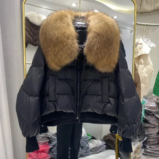 Fashionable Women's Winter Down Jacket Cropped Fox Fur Collar High End 90% White Duck Feather Coat Thick Long Sleeves