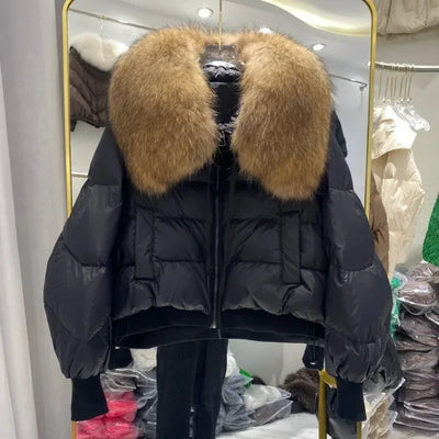 Fashionable Women's Winter Down Jacket Cropped Fox Fur Collar High End 90% White Duck Feather Coat Thick Long Sleeves