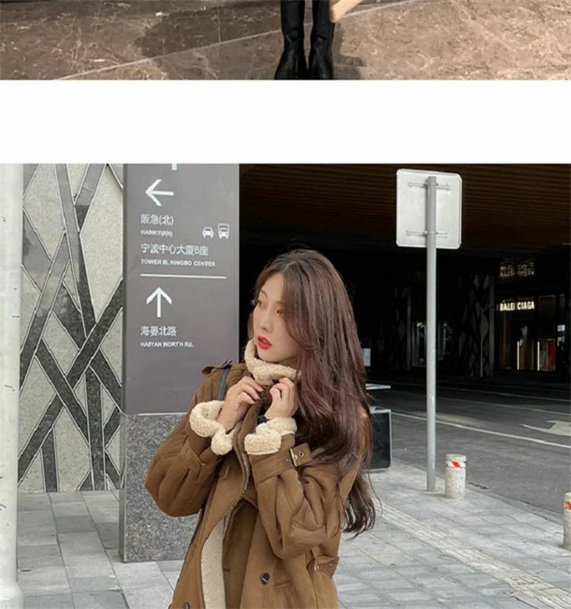 2024 Autumn Winter New Medium Long Double-breasted Lambswool Suede Woolen Coat Women Add Velvet Padded Warm Fur One Woolen Coats