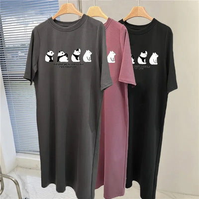 Childlike and cute four panda print short-sleeved dress for women summer and autumn new oversized loose round neck home dress