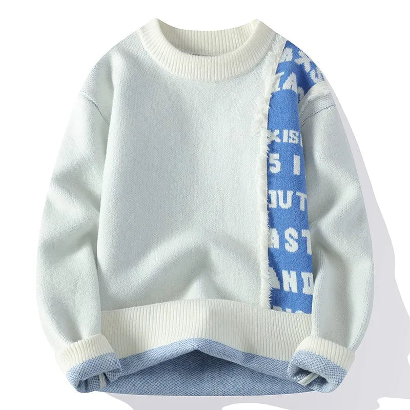 2024 Patchwork Knitted Sweater Trend High Street Autumn Winter Warm Men's Tops Hip-hop Street Clothing Fishing Sports Pullover