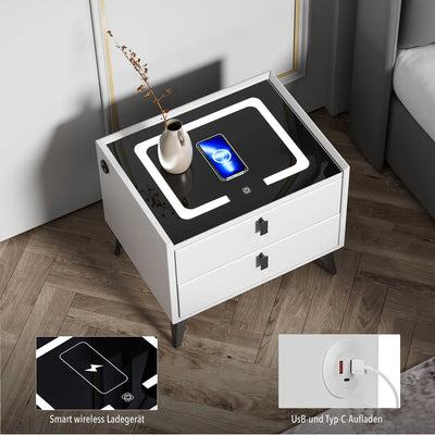 Smart Bedside Table with Wireless Charging, Nightstand with LED Light, 2 Drawers Nightstand, LED Bedside Table for Living