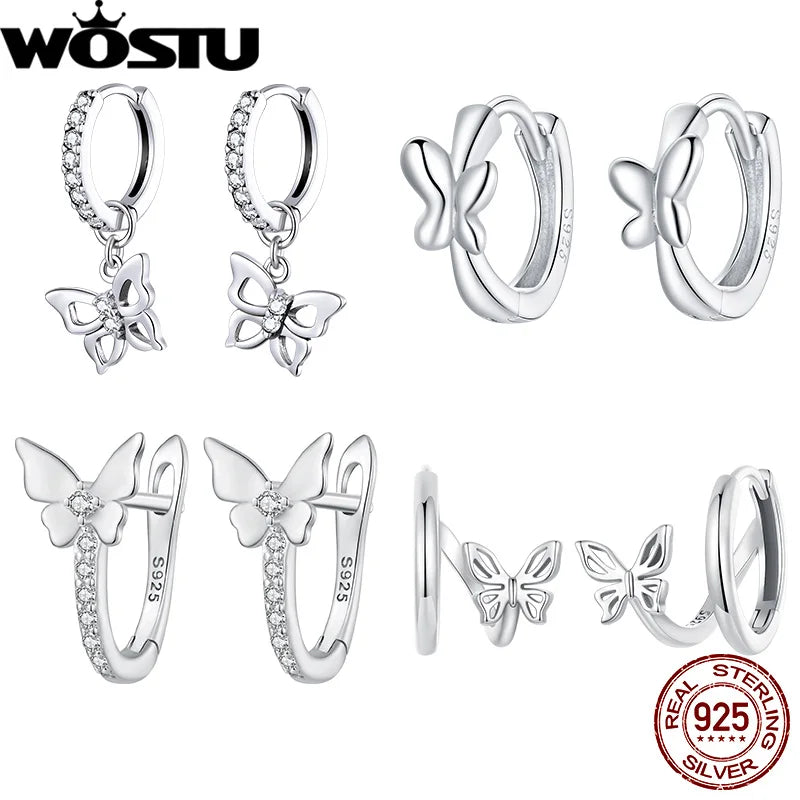 WOSTU Real 925 Sterling Silver Original Butterfly Hoop Earrings Oxidation For Women Wedding Party Daily Gift DIY Fine Jewelry
