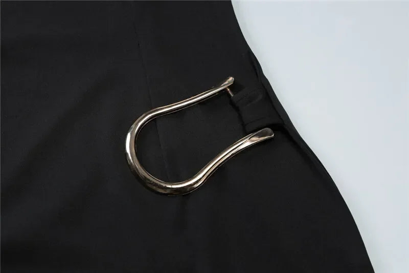 Chaxiaoa Short Sleeve Draped Sexy Mini Dress for Women Black Metal Buckle O Neck High Waist Bodycon Club Dress Vestido Clothes