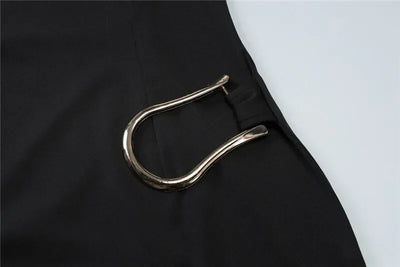 Chaxiaoa Short Sleeve Draped Sexy Mini Dress for Women Black Metal Buckle O Neck High Waist Bodycon Club Dress Vestido Clothes