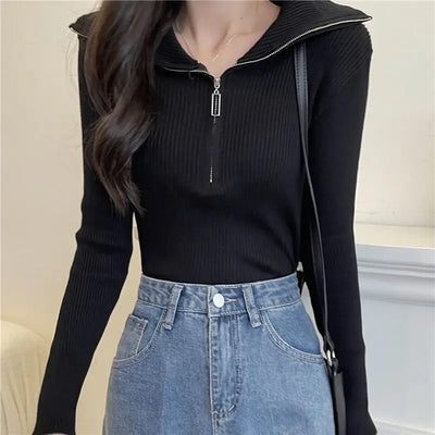 Zip Half Open Collar Knitted Sweater Spring and Autumn Long Sleeve Slim Bottom Shirt Women's Chic Top Pullover Y2k Korean Pulls