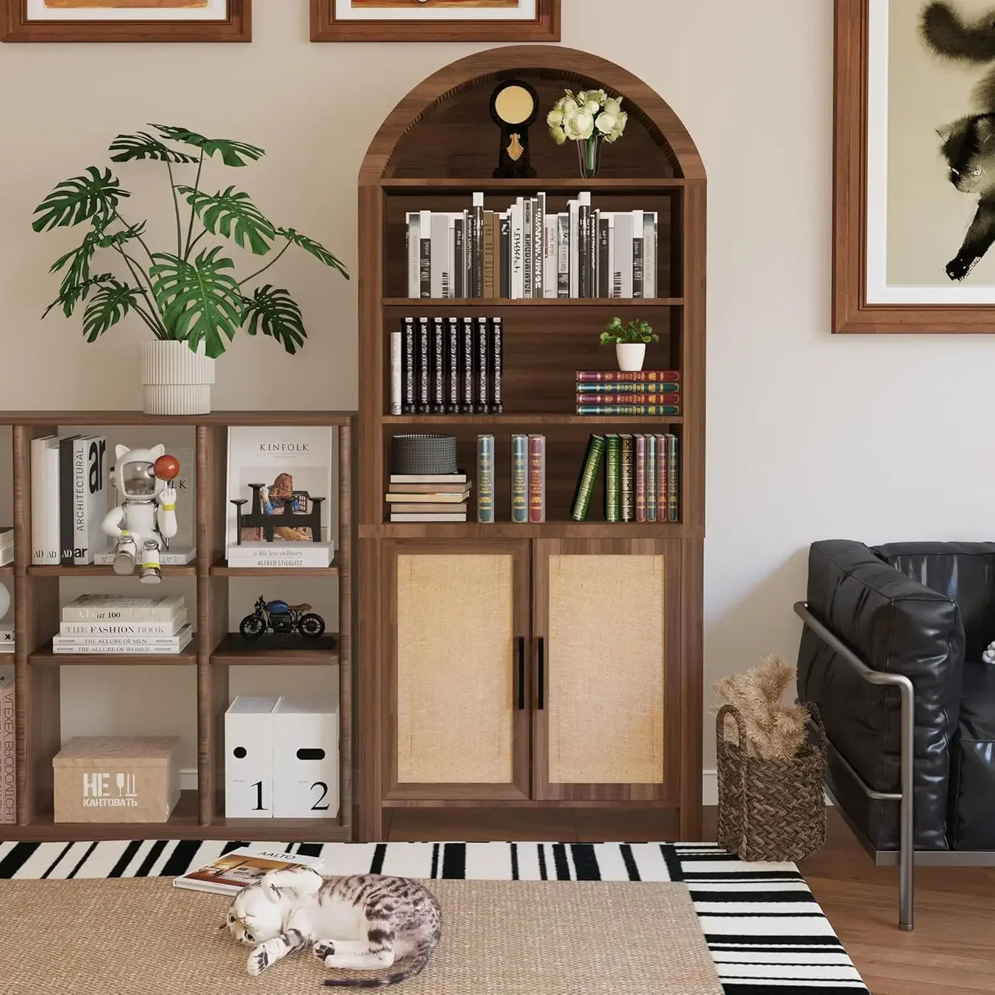 71" Tall Arched Bookcase with Storage, Modern 6-Tier Arched Cabinet with Door,Arched Bookshelf Cabinet with Open Display Storage