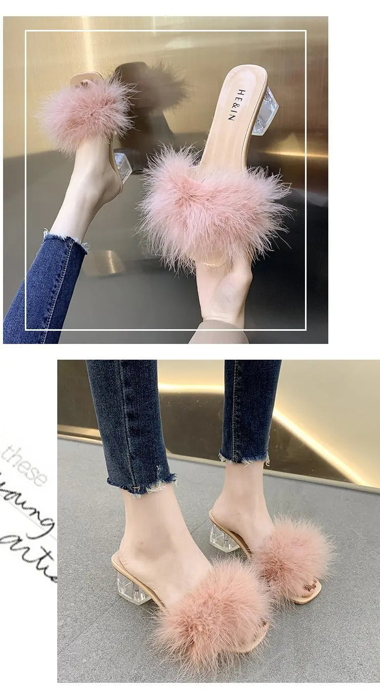 Mules Sandal Women Summer Outdoor Fashion Slippers Square Toe High Heels Office Ladies Feather Slides Chic Classics Furry Shoes