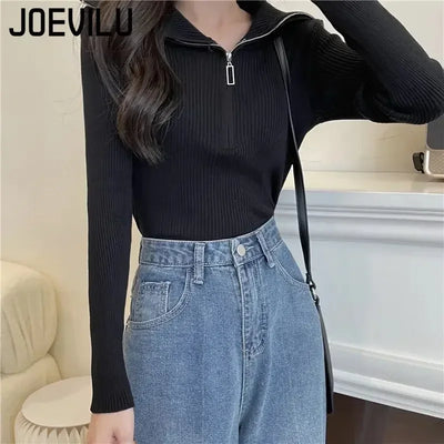 Zip Half Open Collar Knitted Sweater Spring and Autumn Long Sleeve Slim Bottom Shirt Women's Chic Top Pullover Y2k Korean Pulls