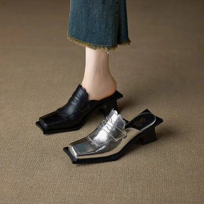 NEW Summer Women Mules Genuine Leather Shoes for Women Square Toe Chunky Heel Shoes Cover Toe Slingback Sandals Modern Slippers