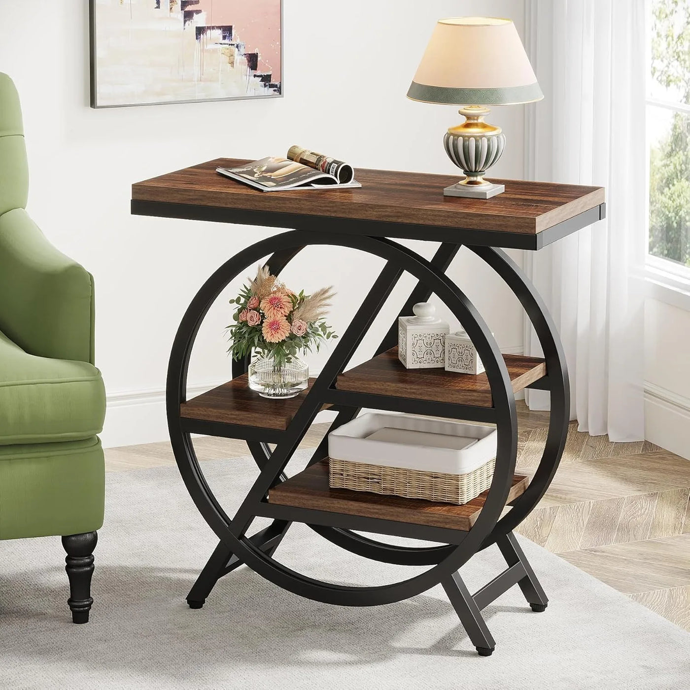 End Table for Living Room, 3-Tier Narrow Side Table with Storage, Wood Sofa Side Table with Geometric Metal Frame for Bedroom