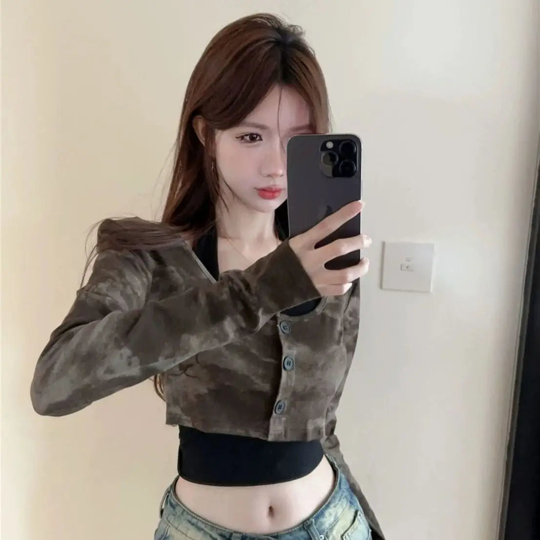 Y2k Halter Top Tie Dye Long Sleeved T Shirts Strap 2 Piece Set Korean Sexy Slim Fit Crop Tops Autumn Girl Interior Harajuku Tee