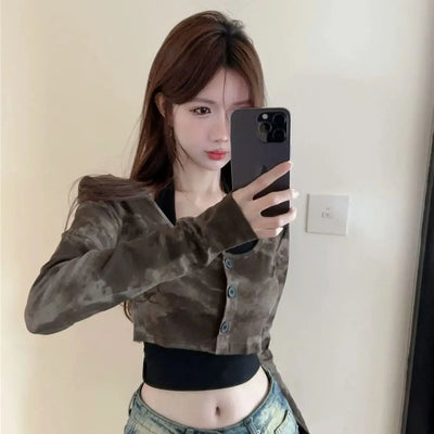 Y2k Halter Top Tie Dye Long Sleeved T Shirts Strap 2 Piece Set Korean Sexy Slim Fit Crop Tops Autumn Girl Interior Harajuku Tee
