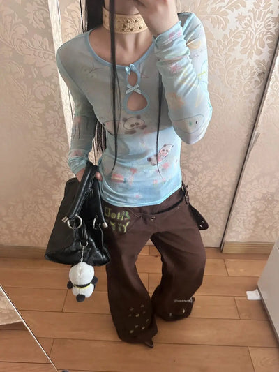 Yedinas Y2k Blue Mesh Tops Long Sleeve T Shirt Women Clothes Slim Spring Tops See Through Sheer Tshirts Grunge Aesthetics Tees
