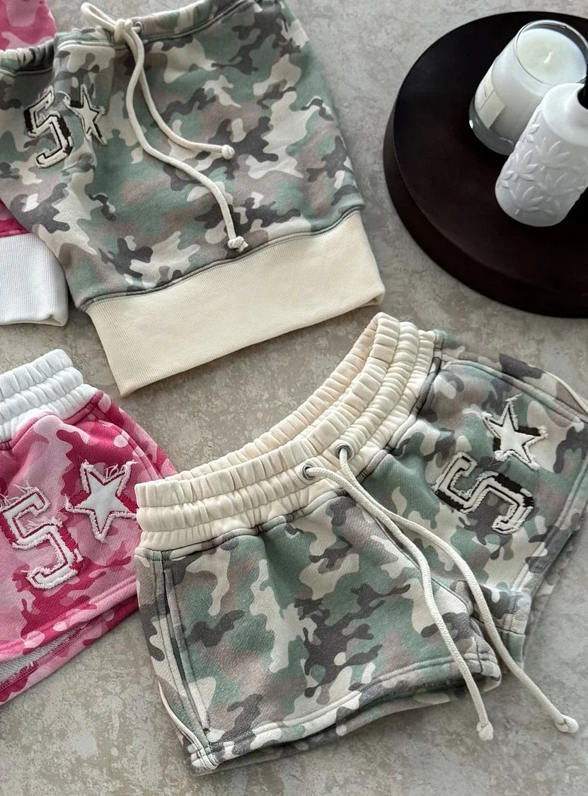 Y2k New Strapless Two Piece Set Women Fashion Summer Camouflage Digital Embroidery Strapless Top Gothic Punk Slim Sexy Shorts