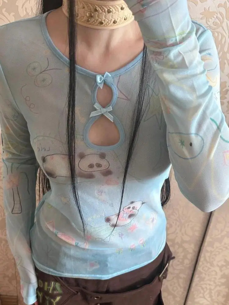 Yedinas Y2k Blue Mesh Tops Long Sleeve T Shirt Women Clothes Slim Spring Tops See Through Sheer Tshirts Grunge Aesthetics Tees