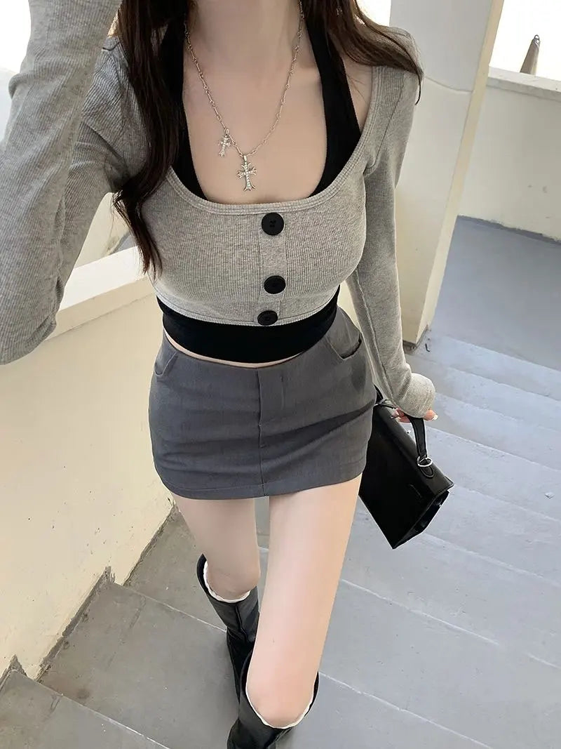 Women's Top Halter Vest 2 Piece Sets U Neck Long Sleeve Crop Tops Babes Korean Style Chic Short T-shirt Ladies Gothic Y2k Tees