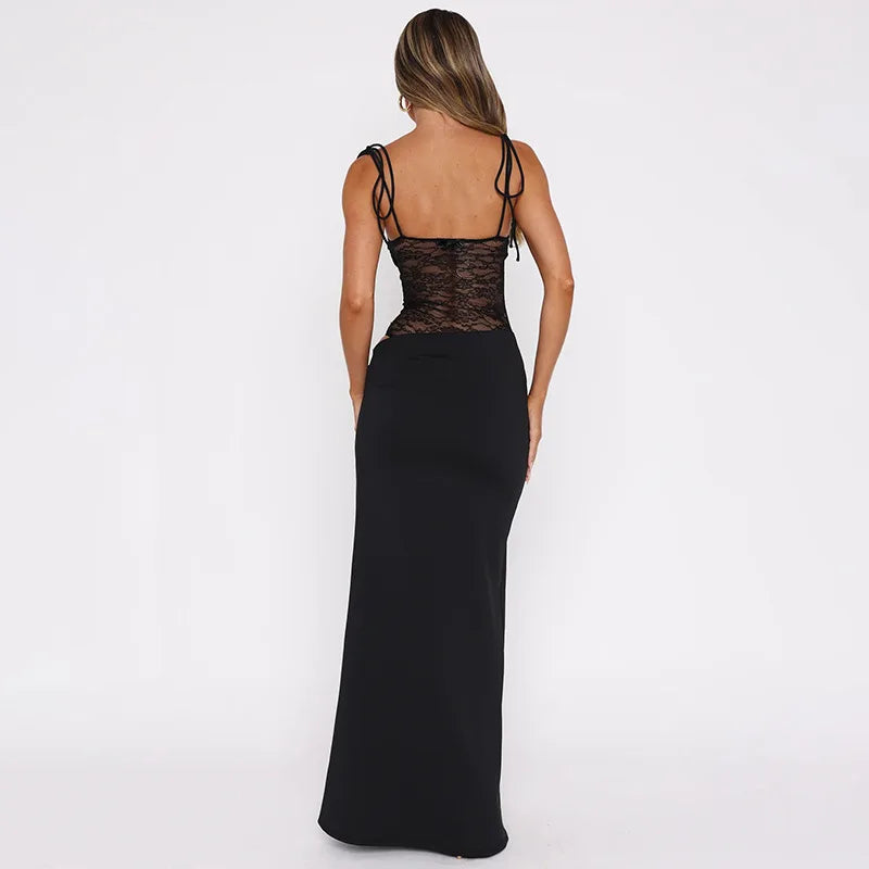 Sexy Bandage Mesh Patchwork Long Dress for Women Lace-up See-through Asymmetrical Evening Party Dresses Lady Gowns High Street