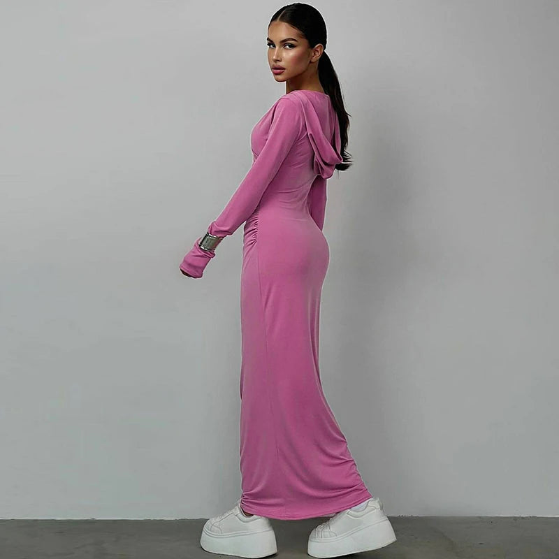Hugcitar Solid Hoodies V Neck Long Sleeve Draped Sexy Slim Maxi Dress 2023 Winter Women Fashion Y2K Outfits Streetwear Party