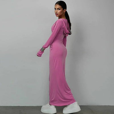 Hugcitar Solid Hoodies V Neck Long Sleeve Draped Sexy Slim Maxi Dress 2023 Winter Women Fashion Y2K Outfits Streetwear Party