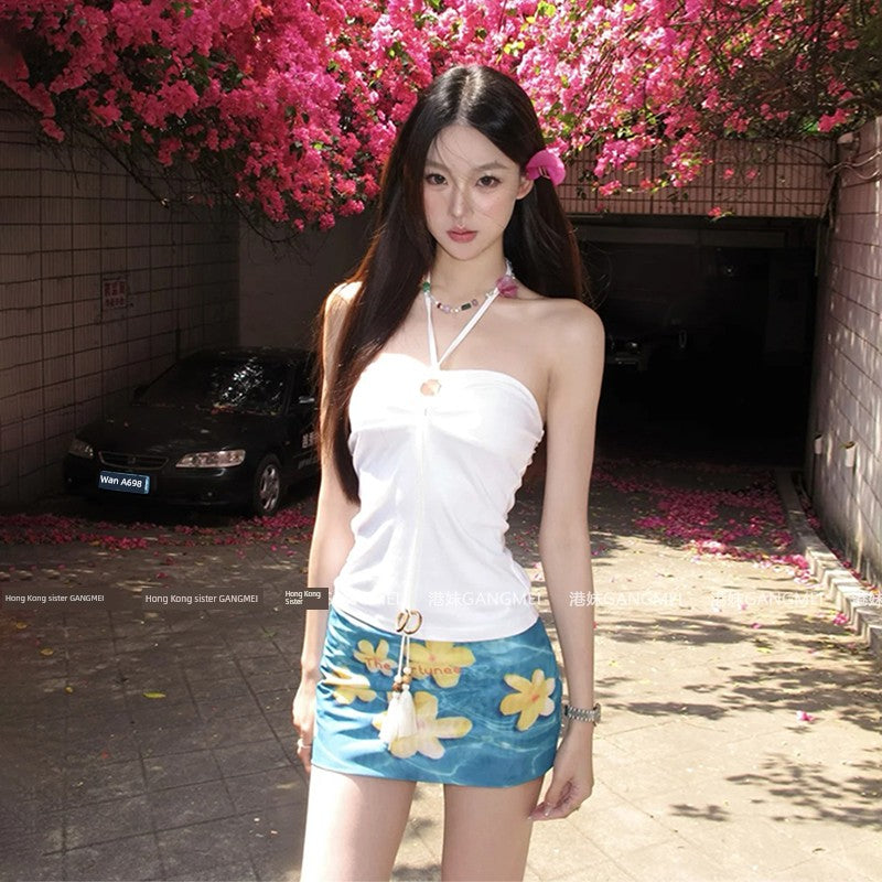 Seaside Vacation Style Suit Pure Desire Stylish White Halter Tube Top Blue Shirt Floral Skirt Two-piece Set