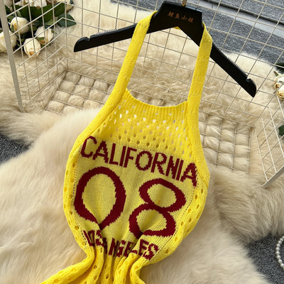 YuooMuoo Women Dress 2025 Summer Ins Hot Letter Print Halter Knitted Beach Dress Chic Fashion Sexy Wrap Hip Streetwear Vestidos