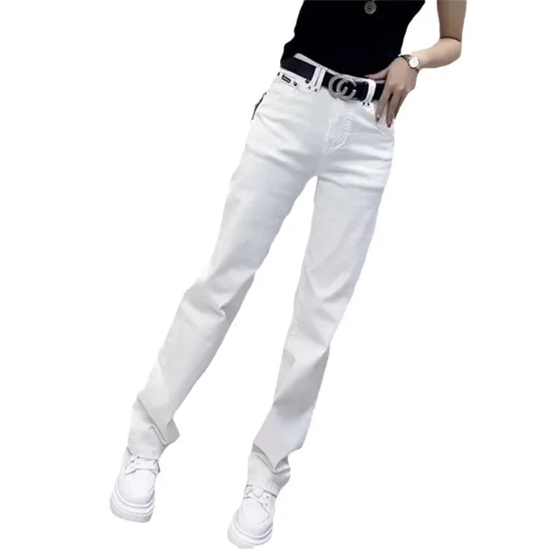 2024 Spring Plus Size High-Waisted Straight-Leg Jeans Women's Big Girl White Slimming Wide-Leg Dragging Pants