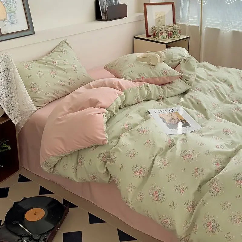 Green Floral Bedding Set Twin Full Queen Size Duvet Cover for Girls Flat Sheet Pillowcase Washed Cotton Home Linens
