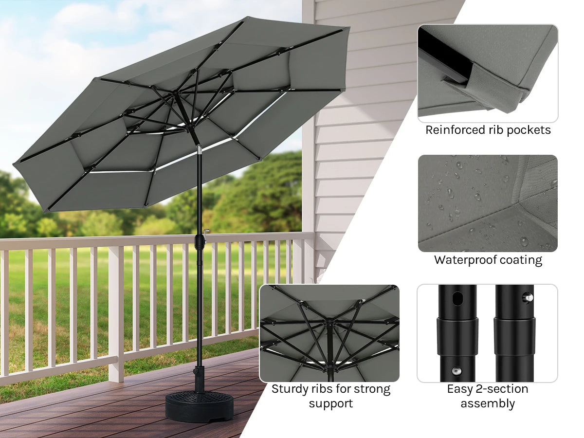 Round Large Garden Parasol 292cm Tilt Adjustable Beach Parasol UV Protection with 3 Ventilation Parasol for Balcony Garden