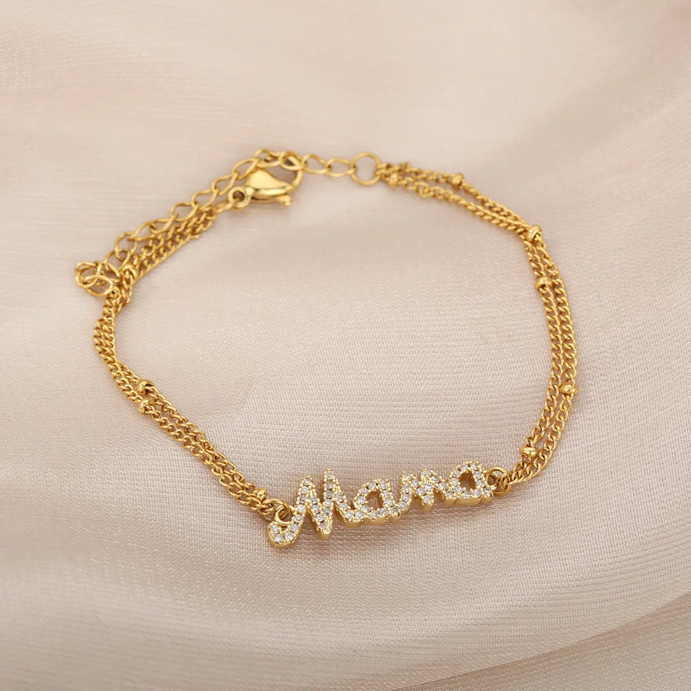 ZAKOL Fashion Stainless Steel Double Chain Bracelet for Women Mama Letter Mother's Day Jewelry Gift Wholesale