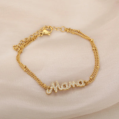 ZAKOL Fashion Stainless Steel Double Chain Bracelet for Women Mama Letter Mother's Day Jewelry Gift Wholesale