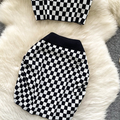 2025 New Vacation Style Plaid Suits Women Strapless Hotsweet Mini Tops+High Waist Bodycon Skirt Fashion Casual Knitted Sets