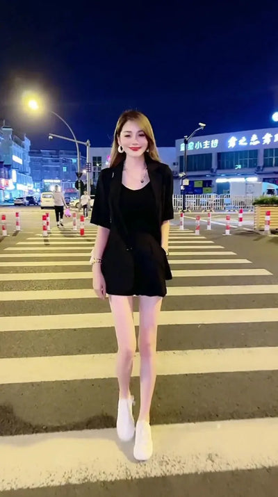 Women's 2025 New Summer High-end Fashion Outfits And Suit Collar Short Sleeve Solid Coat Pop Shorts Two Piece Set Women Clothing