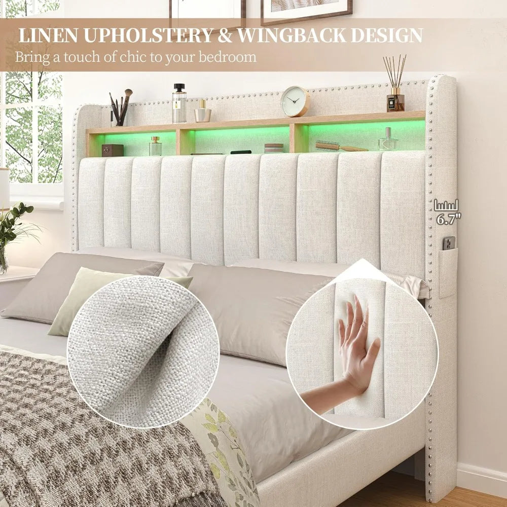 Queen LED Bed Frame with 2 Drawers, Modern Platform Beds with 2 Tier Linen Upholstered Storage Wingback Headboard, Channel