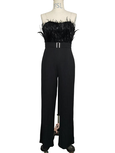 Jumpsuit Women Elegant Long Jumpsuit Strapless Slash Neck Feather Tube Top Sexy Fashion Party Night Evening Jumpsuit 2021 Summer