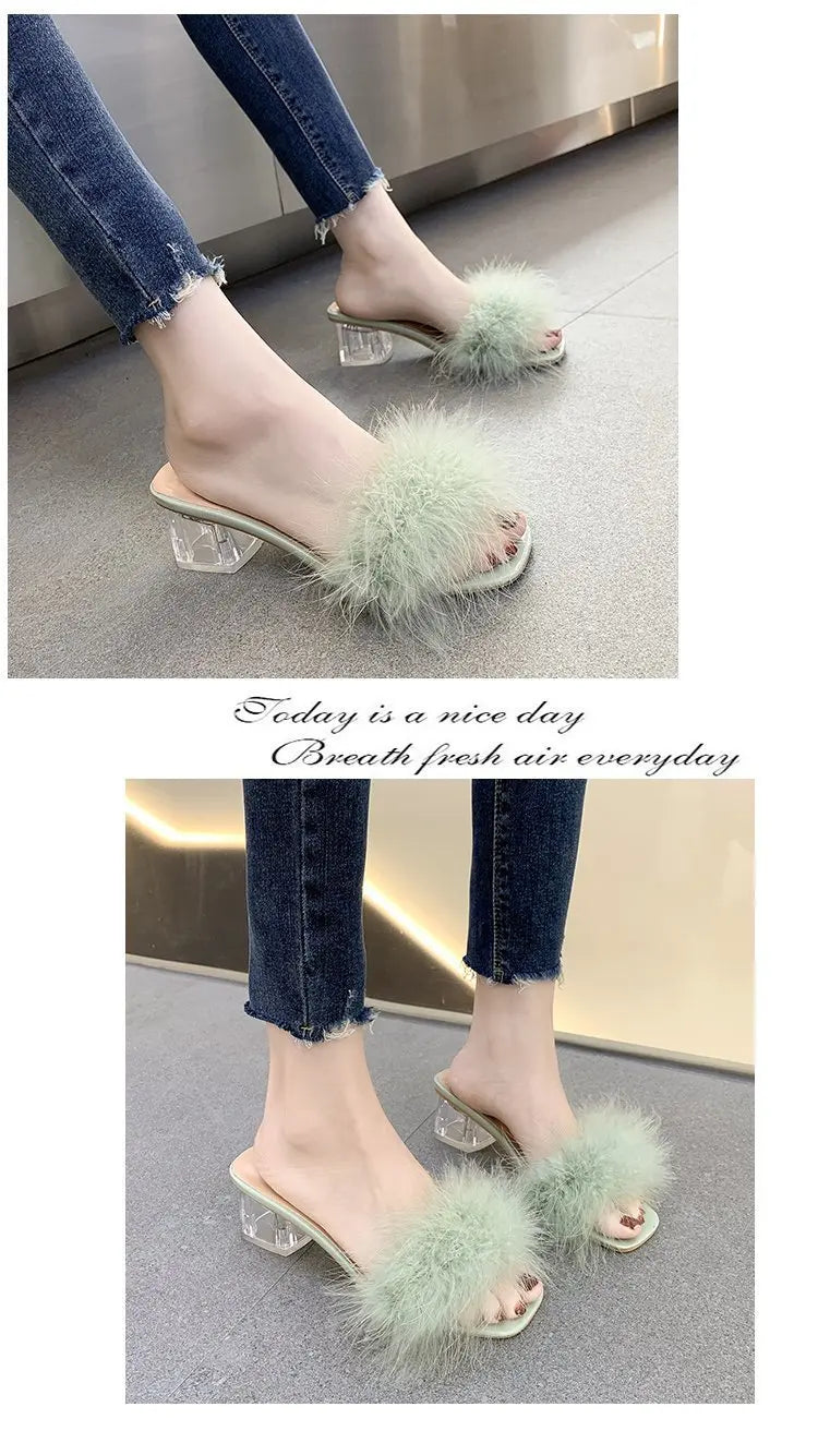 Mules Sandal Women Summer Outdoor Fashion Slippers Square Toe High Heels Office Ladies Feather Slides Chic Classics Furry Shoes