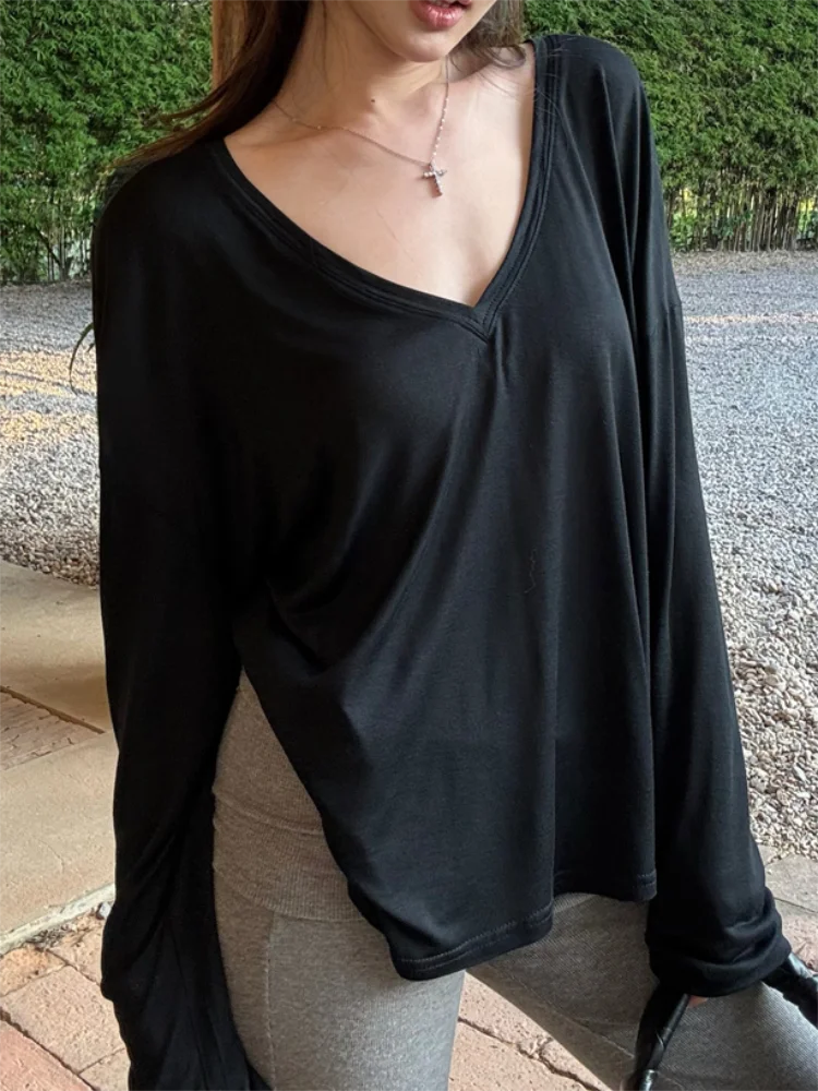 Women Oversized T Shirt Spring Summer V-neck Casual Fashion Loose Thin Long Sleeve Top Pullovers Chic White See Through T-shirt