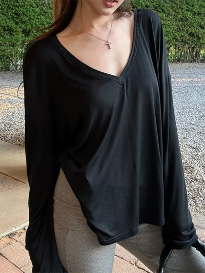 Women Oversized T Shirt Spring Summer V-neck Casual Fashion Loose Thin Long Sleeve Top Pullovers Chic White See Through T-shirt
