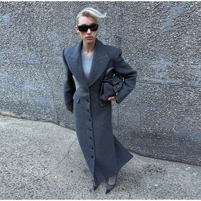 Woolen Burgundy Long Blazer Coat Women Single Breasted Notched Loose Long Sleeve Shoulder Pads Thicken Suit Jacket Female Office