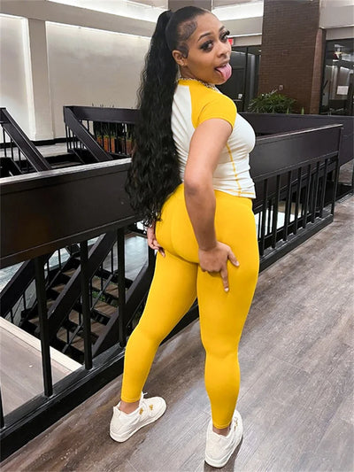 Weird Puss Casual Sporty 2 Piece Set Women Contrast Patchwork Short Sleeve T-Shirts+Skinny Stretch Sweatpants Simple Tracksuits