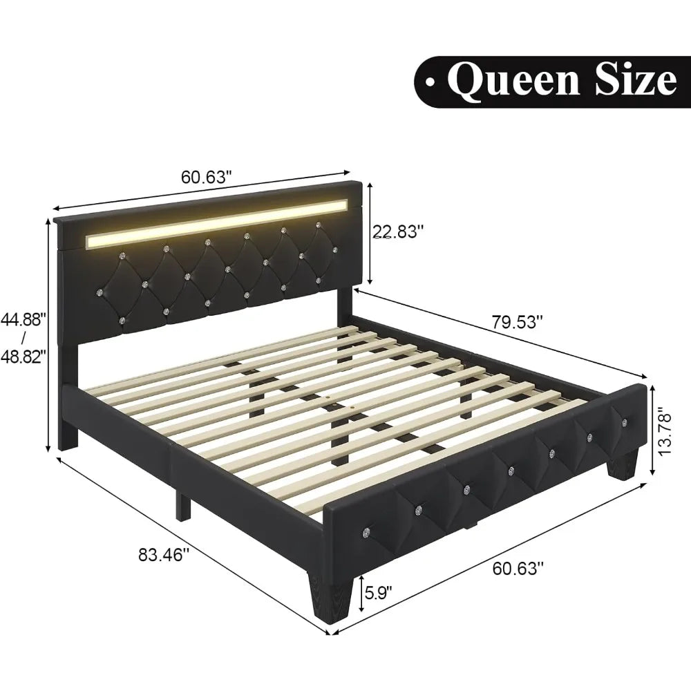 Queen Size Bed Frame with LED Light and Charging Station, Faux Leather Upholstered Platform Bed with Handcrafted Crystal Button