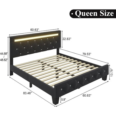 Queen Size Bed Frame with LED Light and Charging Station, Faux Leather Upholstered Platform Bed with Handcrafted Crystal Button