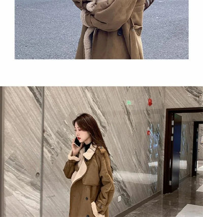 2024 Autumn Winter New Medium Long Double-breasted Lambswool Suede Woolen Coat Women Add Velvet Padded Warm Fur One Woolen Coats