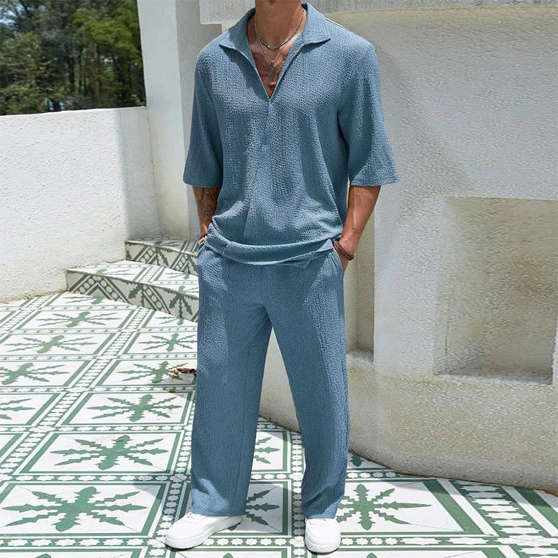 2024 Spring Summer Casual Cotton Shirts And Pants Suits Men Vintage Half Sleeve Irregular Cardigan Two Piece Sets Mens Outfits