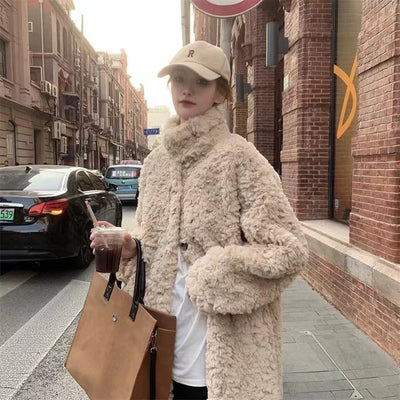 Lamb Wool Long Jackets Women Winter Warm Stand Collar Loose Fur Outerwear Y2K Korean Fashion Long Sleeve All Match Fake Fur Coat