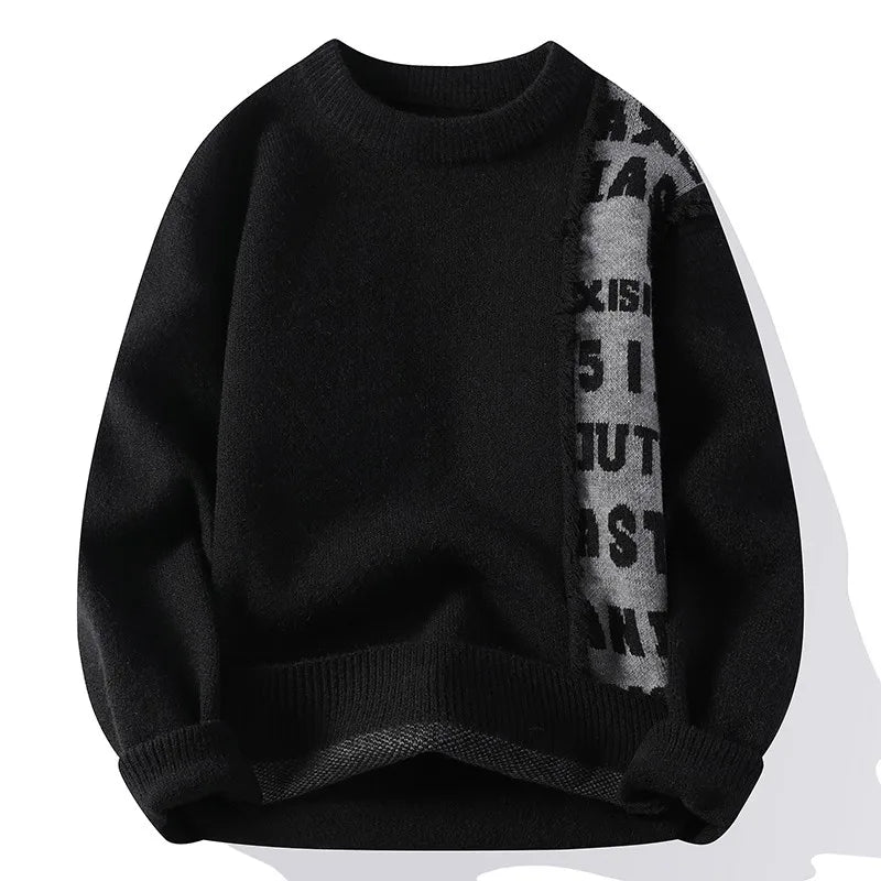 2024 Patchwork Knitted Sweater Trend High Street Autumn Winter Warm Men's Tops Hip-hop Street Clothing Fishing Sports Pullover