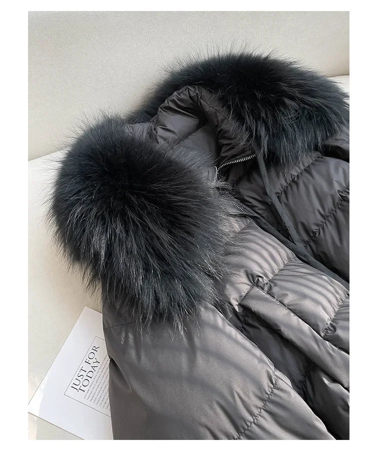 Fashionable Women's Winter Down Jacket Cropped Fox Fur Collar High End 90% White Duck Feather Coat Thick Long Sleeves